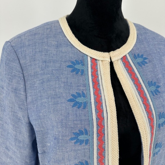 J. McLaughlin Beatrix Blue Chambray Embroidery Linen Blend Open Jacket Women's L - Picture 3 of 11